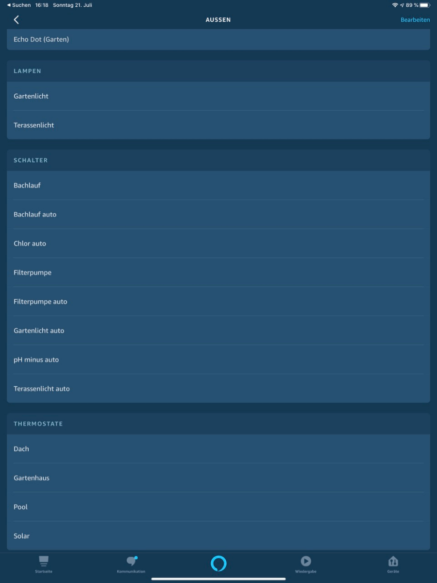 Alexa App - Geräte in der Gruppe "Außen"