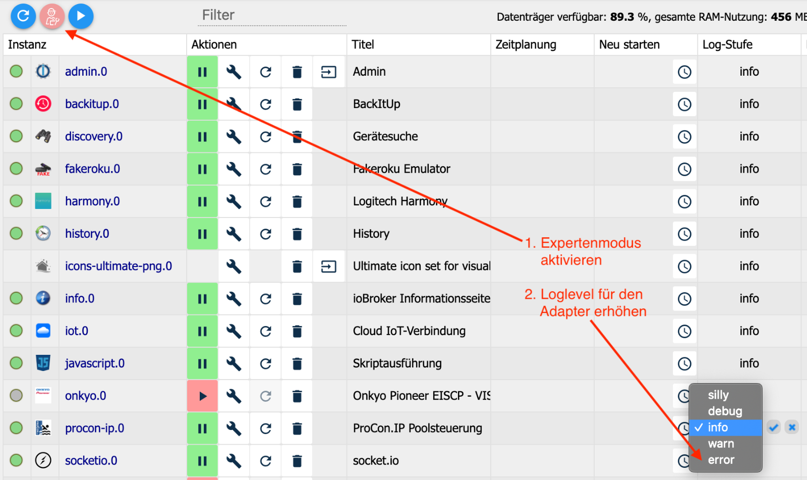 Loglevel eines Adapters ändern